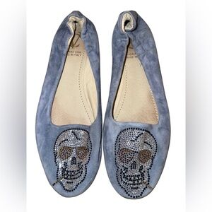 Cento Blue Suede Leather Flats Loafers With Rhinestone Smoking Skulls Size 7.5